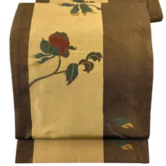 袋帯 名品 木屋太 落款 紬地 枝花 焦茶色 六通 正絹 【中古】のサムネイル