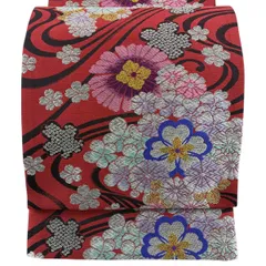 【美品】 袋帯 秀品 振袖向き 華文 桜 金銀糸 唐織 えんじ色 六通 正絹 【中古】