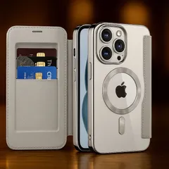 iPhone 15 Pro ケース 手帳型 MagSafe対応 カード収納 レザー調 スマホケース 高級感 グレーｘシルバー