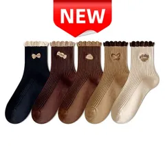 ⭐新品⭐5足セット レースフリル クルーソックス 刺繍 蝶・リボン・クマ・肉球 韓国 ガーリー フリーサイズ(23〜25cm) 秋冬 可愛い ブラウン系 ブラック クリーム チョコ カーキ 綿混 女性 プレゼントにも