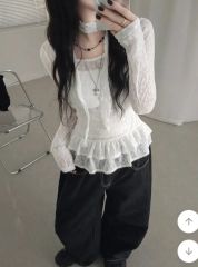 フラワー シースルー レース ティアード フリル レイヤード 長袖Tシャツ マフラーセット