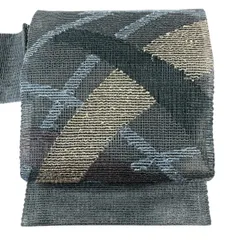 【美品】 名古屋帯 秀品 夏帯 羅 幾何学模様 灰緑 正絹 【中古】