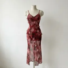 フラワー ロング ノースリーブ ONE PIECE / 夏 バカンス ロング丈ワンピース