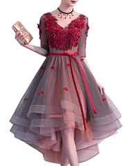 新品 [JINZUOMA] レディース イブニングドレス ドレス ワンピース パーティードレス ステージドレス ミドル丈ドレス チュールワンピース 花柄刺繍 半袖 ノースリーブ Vネック フォーマル エレガント 結婚式 演奏会 (レッドLL)