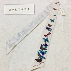 ■紙タグ付き■BVLGARI  ブルガリ　シェリー　リボンスカーフ　昆虫　バタフライ　パピヨン　トンボ　甲虫　鱗　シルク100%  イタリア製　ホワイト系アイボリー×マルチカラー　ラグジュアリー　高級　ハイブランドのサムネイル