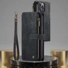 iPhone 16 Pro ケース 財布型 手帳型 ファスナー 小銭入れ カード収納 ストラップ付き レザー調 スマホケース ブラック