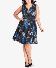 シティーシック レディース トップス ワンピース A ライン フラワー柄 プラスサイズ プリント ノースリーブ フラワー CITY CHIC Trendy Plus Size FloralPrint Sleeveless ALine Dress Electri