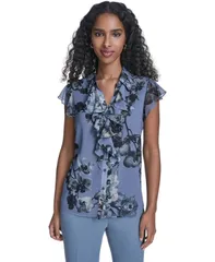カルバンクライン レディース トップス シャツ プリント フリル Calvin Klein Womens Printed Ruffle Frontop Flintblack Multi ブラック