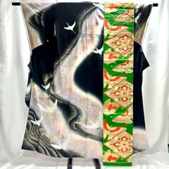 着物　帯　セット　振袖　袋帯　鶴　蝶々　黒系　中古品　レディース　昭和レトロ　管理番号KKVNKAM4673