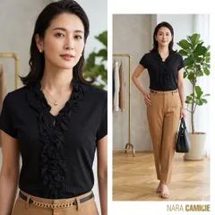 NARACAMICIE ナラカミーチェ【Ⅱ】半袖ブラウス 黒 フリル 伸縮 L