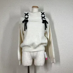 未使用 ピンクラテ ニット セーター 白 M 160cm 編み上げ リボン シャギー ハイネック バイカラー 韓国 地雷 量産系 Y2K 配色ライン 春