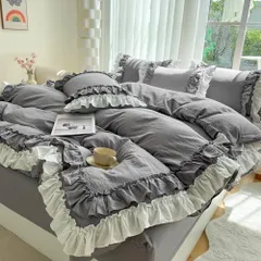 新品 布団カバー 4点セット 2層フリル布団カバー 寝具カバー 洋式・和式兼用 ベッドカバー 掛け布団カバー ボックスシーツ 枕カバー シーツカバー 肌に優しい ピーチスキン加工 北欧風 オールシーズン（ダブル、グレー）