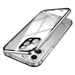 新品 Moogukadan 適合 iPhone 13 Pro max 用のケース カメラレンズ保護 [ ロック機能付き+マグネット式 ] 両面強化ガラス アルミバンパー 両面クリア 360度全面保護 安全ロック カメラレンズカバー 耐衝撃 磁石 (銀)