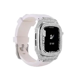 新品 ステンレススチール ストロングアーマー ウォッチケース + キラキラダイヤモンド + シリコンバンド Apple Watch 44mm 45mm用 (ホワイト+シルバー)