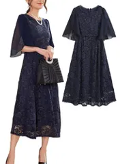 新品 [Fiffyle] ワンピース ドレス パーティードレス 結婚式 二次会 フォーマルドレス 体型カバー フォーマル お呼ばれ 服 服装 ミセス 大人 上品 20代 30代 40代 春 夏 秋 冬 (L ネイビー)