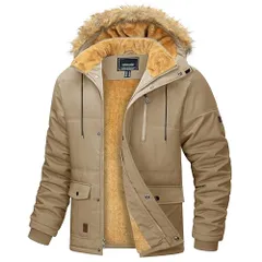 新品 [KEFITEVD] 冬服 メンズ アウター 防寒 裏起毛ジャケット フード付き アウトドア 中綿 ライダースジャケット 防風 保温 スキー ウェア 大きいサイズ バイク ジャンパー ライディング カーキ 4XL