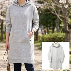 暖か裏起毛【TITICACA】チチカカ パーカ ワンピース フーディ ロング スウェット 防寒 グレー 灰色 ストレッチ 配色ステッチ チロリアンテープ エスニック オーバーサイズ レディース フリー サイズF /M43587jQのサムネイル