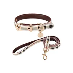 犬 首輪 リード かわいい チェック 首輪リードセット 犬用首輪 猫用首輪 ペット首輪 カーラー 牽引紐 タータンチェック 首回り23?33cm リード122cm (ホワイト) 0