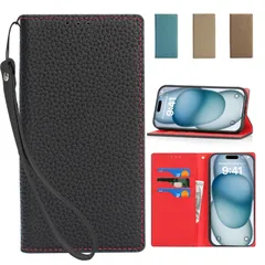 iPhone14 Plus 対応ケース 高級牛本革ケース CLICSUN 手帳型 アイフォン14プラス 対応カバー 本革 レザー カバー スタンド機能 ストラップ付き マグネット式 カードポケット ギフトボックス付き ブラック×レッド