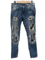 ザラウーマン ZARA WOMAN RELAXED FIT パンツ ジーンズ デニム ダメージ加工 クラッシュ 34 青 ブルー