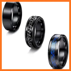 【新品】 083基地 チタン メンズ 指輪 3個セット マットライン ドラゴン 竜紋 炭素繊維 チェーン 横幅8mm ブラック おしゃれ サイズ24号 1