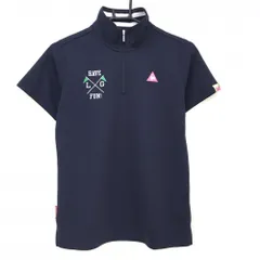 【超美品】ルコックゴルフ 半袖ハイネックシャツ ネイビー ハーフジップ ロゴピンク レディース LL ゴルフウェア le coq sportif