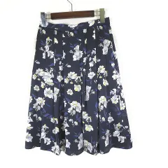 ケティ KETTY スカート 花柄 プリーツスカート 落ち感 フレア ひざ丈 M 2 紺 ネイビー 白 紫 グレー 日本製