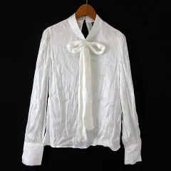 シーイン SHEIN シャツ ブラウス シワ加工 リボン ボウタイ ハイネック 光沢 とろみ 落ち感 長袖 XS オフ白