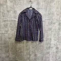 【Y-440】Loob me レディース 総柄 長袖シャツ ネイビー 幾何学柄 レトロ ヴィンテージ風 ブラウス カジュアル 個性派 トップス 古着 レディース服 M相当