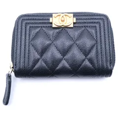 CHANEL (シャネル) ボーイシャネル コンパクトウォレット ミニ財布 コインケース ブラック キャビアスキン ゴールド金具
