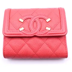 CHANEL (シャネル) CCフィリグリー 三つ折り財布 コンパクトウォレット コインケース レッド キャビアスキン A81941 ゴールド金具