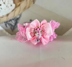 犬　猫首輪　シュシュ　ピンクリボン　レース　３種リボン　ブーケパーツ　鈴