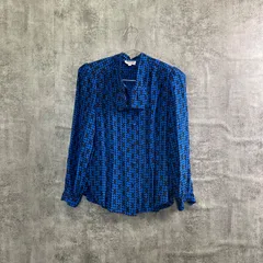 【T-772】シルク100% ドット柄ブラウス ブルー レディース 長袖シャツ 水玉柄 シルクブラウス レトロ ヴィンテージ風 総柄シャツ 上品 カジュアル トップス