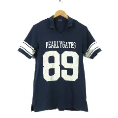 パーリーゲイツ PEARLY GATES ポロシャツ シャツ ゴルフウエア カレッジ柄 ロゴ ナンバー ヴィンテージ プリント M 4 紺 ネイビー 国内正規品