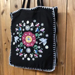 SWIMMER スイマー トートバッグ レトロ 花柄 刺繍 小鳥 黒 薄地 鞄 BAG