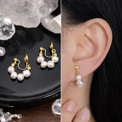 バロックパール イヤリング 4粒 U字 ノンホールピアス 痛くない シリコンカバー付 ゴールド 普段使い 結婚式