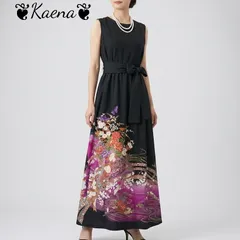 ❦Kaena❦　着物リメイク　ギャザー　ワンピース　ロング　ドレス　マキシ　Aライン　黒留袖　ベルト紐　後ろボタン　正絹　結婚式　パーティー　お呼ばれ　卒業式　入学式　ステージ衣装　オケージョンドレス　ブラック　フォーマル　黒　結婚式ドレス　セレモニー