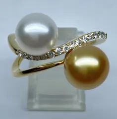 K18YG あこや真珠 白蝶真珠 リング パール約7.6mm 8.3mm ダイヤ 0.15ct #11.5 新品ジュエリー