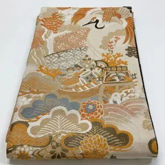 ［7328］袋帯 舞鶴花吉祥文様 全通 正絹 着物 アンティーク
