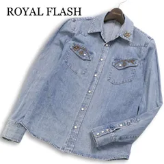 ROYAL FLASH ロイヤルフラッシュ 上野商会 通年 フラワースタッズ★ コットン 長袖 デニム ウエスタン シャツ Sz.M メンズのサムネイル
