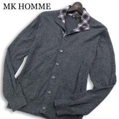 MK HOMME ミッシェルクラン オム 通年 コットン ニット★ 襟裏チェック カーディガン 羽織り Sz.48 メンズ 灰 グレー