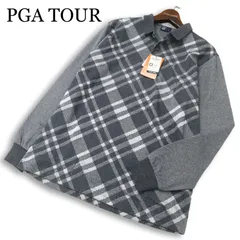 【新品 未使用】 PGA TOUR PGAツアー ゴルフ ロゴ刺繍★ チェック 切替 長袖 ポロシャツ Sz.XL メンズ グレー 大きいサイズ