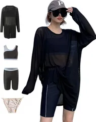 LIMSE 3点セット 水着 レディース スポーツブラ+ショートパンツ+カバーアップ ラッシュガード 体型カバー UV対策 トレーニングウェア ヨガ ピラティス (ブラック,  XL)