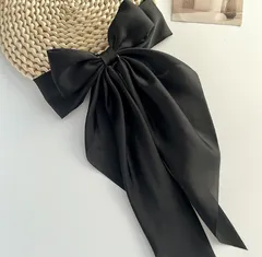 【ブラック】リボン ビッグリボン バレッタ 大きめ ヘアアクセサリー レディース 韓国 ロングリボン 上品 結婚式 発表会