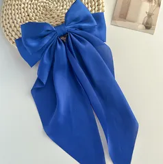 【ブルー】リボン ビッグリボン バレッタ 大きめ ヘアアクセサリー レディース 韓国 ロングリボン 上品 結婚式 発表会