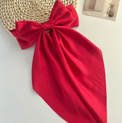 【レッド】リボン ビッグリボン バレッタ 大きめ ヘアアクセサリー レディース 韓国 ロングリボン 上品 結婚式 発表会