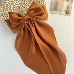 【オレンジブラウン】リボン ビッグリボン バレッタ 大きめ ヘアアクセサリー レディース 韓国 ロングリボン 上品 結婚式 発表会