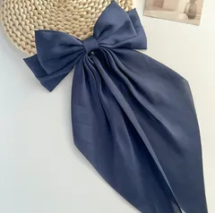 【ネイビー】リボン ビッグリボン バレッタ 大きめ ヘアアクセサリー レディース 韓国 ロングリボン 上品 結婚式 発表会