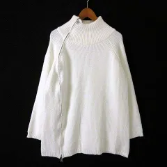 LACE LADIES レースレディース ニット セーター 畦編み 変形ダブルジップ ハイネック 長袖 L アイボリー 美品