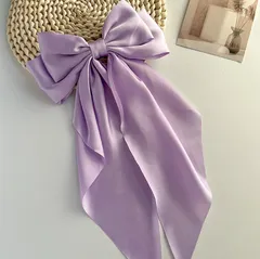 【ライトパープル】リボン ビッグリボン バレッタ 大きめ ヘアアクセサリー レディース 韓国 ロングリボン 上品 結婚式 発表会